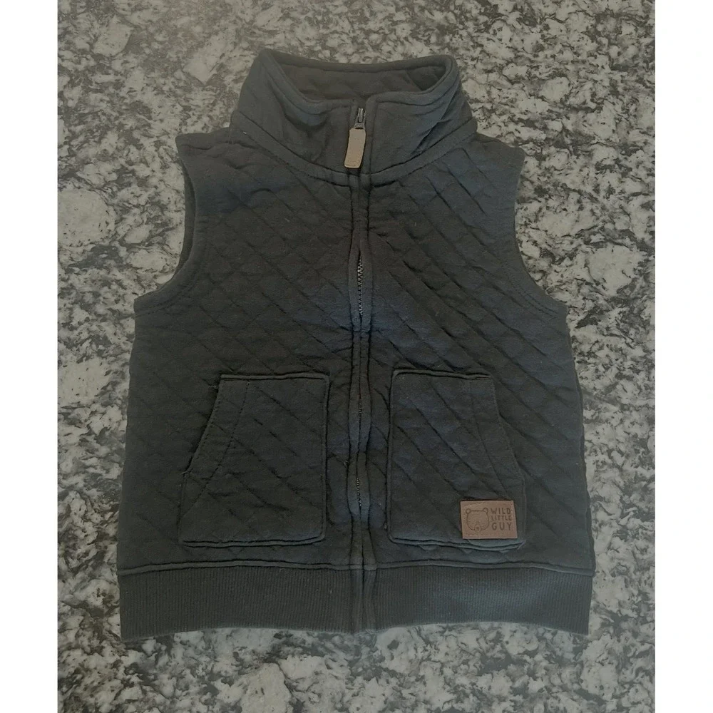 Carters Wild Little Guy Black Quilted Zip Up Vest 24M Boys Toddler (0857)